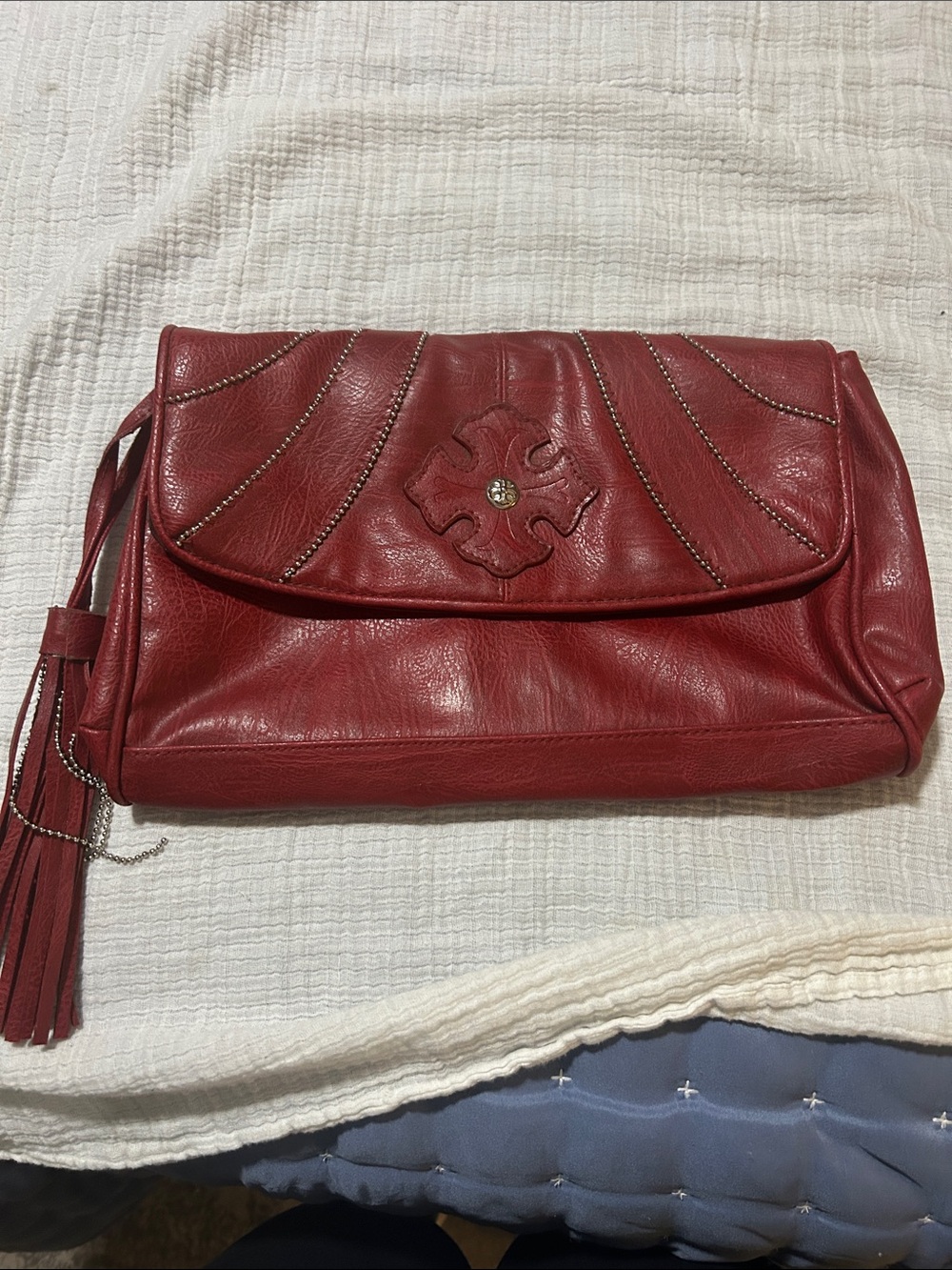 Miss Me Red Fold-Over Tassel Clutch. Large. Rocker. Edgy. Faux leather. Chains.